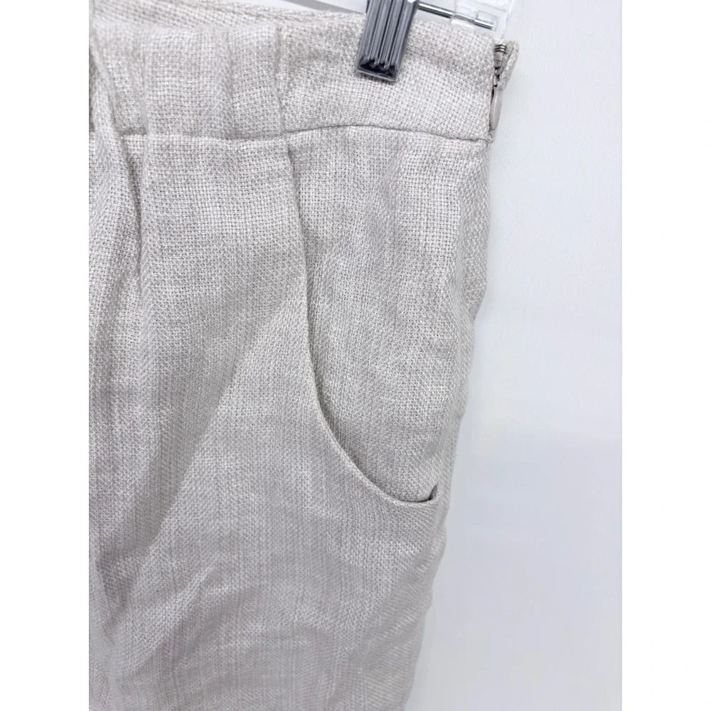 LOFT Minimalist Linen Mini Skirt Sz 4 Oatmeal Shiny Pocket Neutral Quiet Luxury
